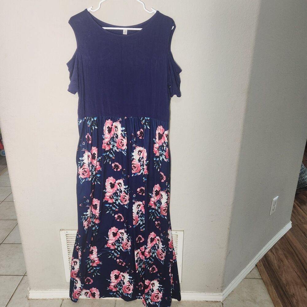 Womens 2XL Navy Floral Maxi Dress Cold Shoulder Short Sleeve Stretch Boho